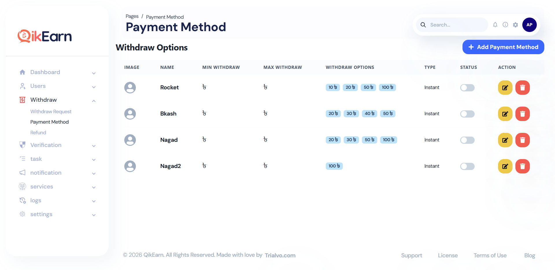 QikEarn Admin — Payment Methods Config