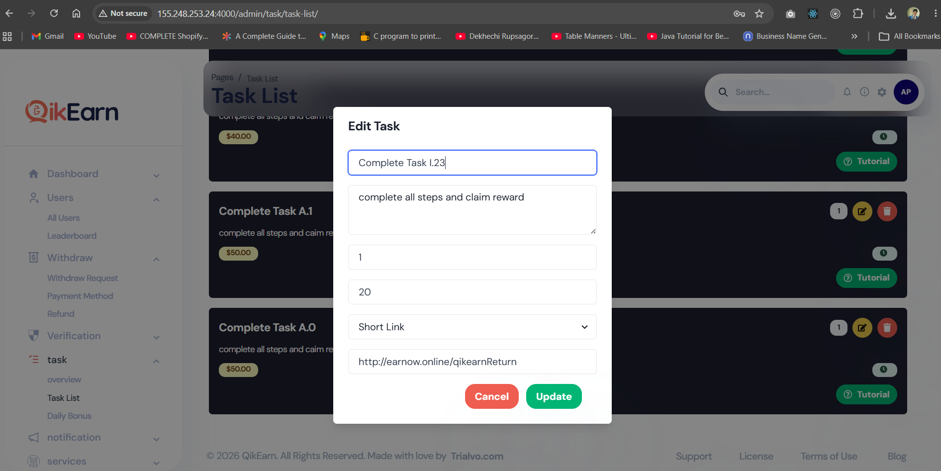 QikEarn Admin — Task Editor