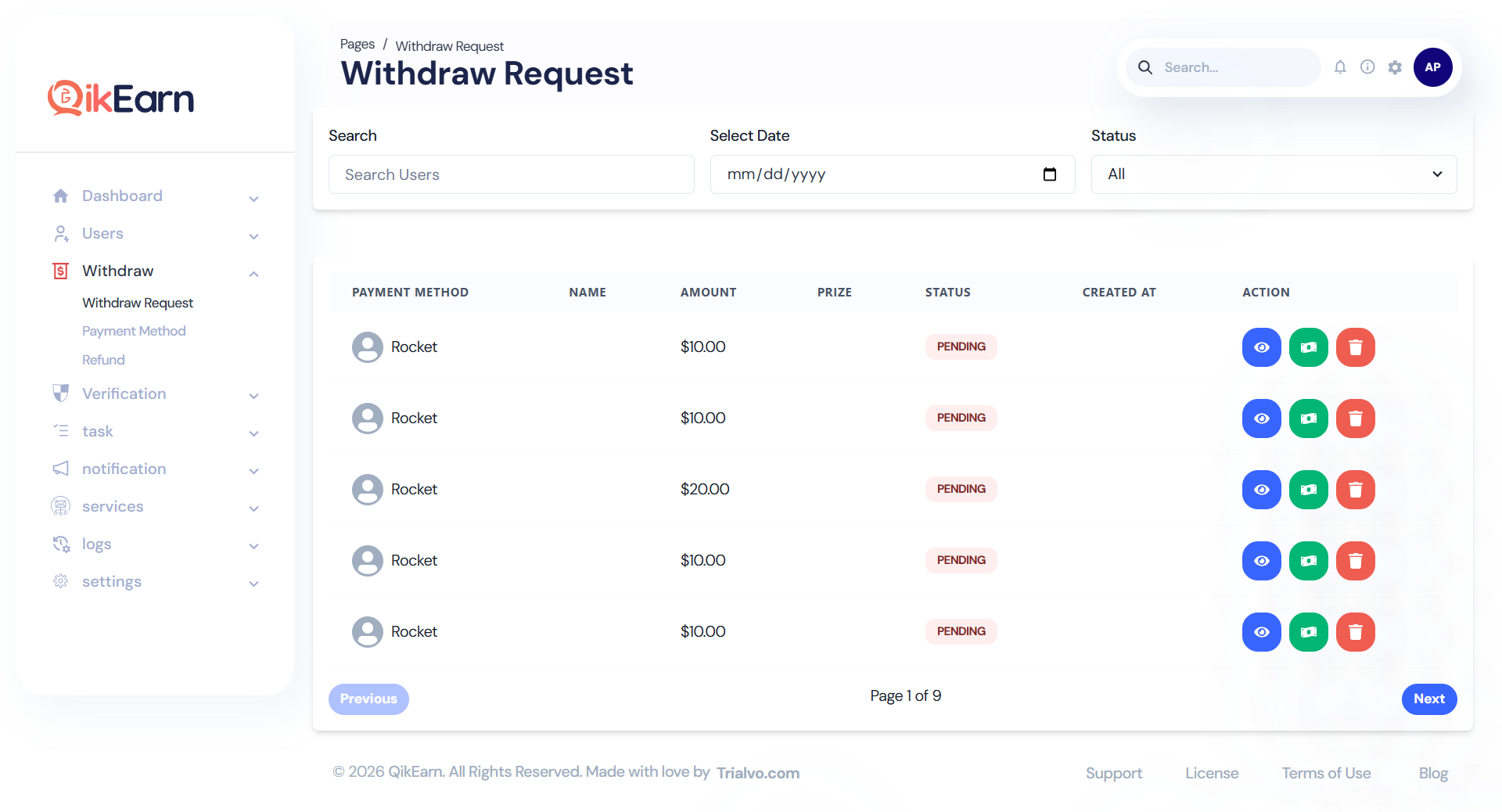 QikEarn Admin — Withdraw Requests
