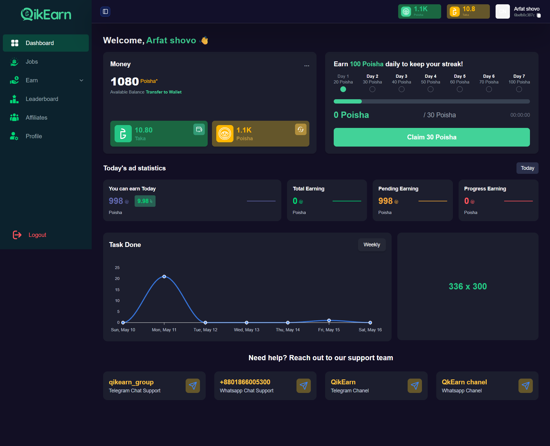 QikEarn — User Dashboard with Earnings & Streaks
